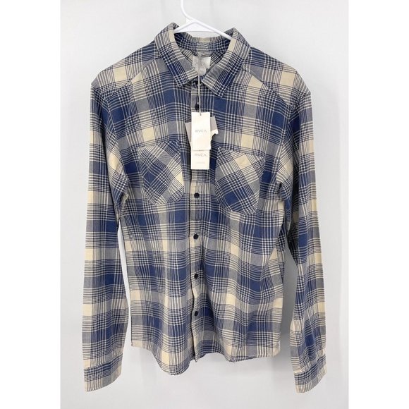 RVCA VA Flannel Shirt Mens S Blue Plaid Button Up Long Sleeve Unisex - Picture 1 of 6